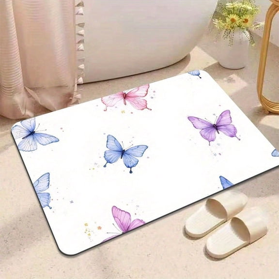 HELLOYOUNG Diatom Mud Bath Mat Non-Slip Absorbent Rug, Blue Pink Butterfly Design, Quick Drying Washable Floor Mat for Bathroom Home Decor