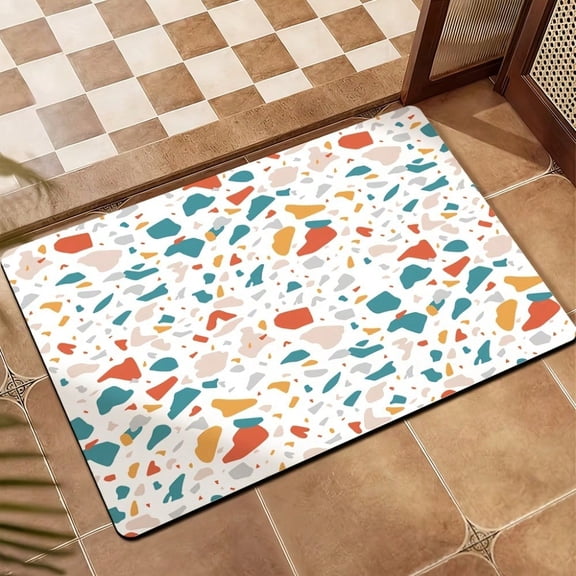 HELLOYOUNG Diatom Mud Bathroom Mat Non-Slip Absorbent Fast Drying Terrazzo Doormat Abstract Pebble Pattern Coral Red Teal Yellow Thickened Floor Mat for Modern Home Entryway