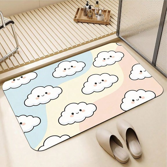 HELLOYOUNG Diatomaceous Earth Non Slip Floor Mat, 2D Cute Cloud Face Pattern, Super Absorbent Quick Dry Machine Washable Rug for Kitchen Bathroom Bedroom Entryway Living Room, Soft Diatom Mud