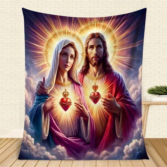 HELLOYOUNG Digital Print Flannel Fleece Blanket Virgin Mary Sacred Heart Design Soft Warm Couch Throw Travel Gift Machine Washable All-Season Mixed Colors
