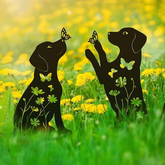 HELLOYOUNG Dog Butterfly Iron Garden Stake Set of 2, Black Metal Puppy Silhouette Yard Decor