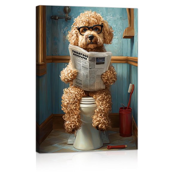 HELLOYOUNG Dog Reading Newspaper on Toilet Pattern Unframed Painting, Creative Wall Art, Wall Decor for Home Living Room Bedroom Study Room, Artistic
