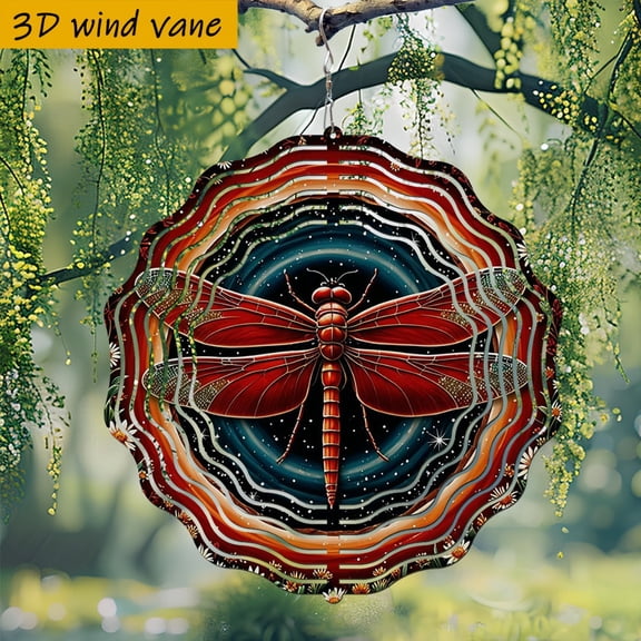 HELLOYOUNG Dragonfly Wind Spinner Outdoor Decor, 3D Metal Art 360 Rotating Yard Decoration, Easy Install Garden Gift for Wedding Holiday Christmas Halloween, Red Starry Sky Iron Ornament