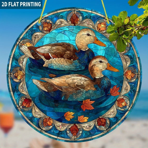 HELLOYOUNG Duck Sun Catcher Acrylic Wall Decor Round Colorful Hanging Ornament for Window Acrylic Color Atmosphere Pendant Thanksgiving Gift, Office Decor, Housewarming Present