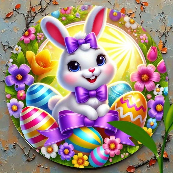 HELLOYOUNG Easter Bunny Metal Plate 8x8 Inch, Waterproof Easter Decor Wall Art for Home Kitchen, Easter Egg Decoration Gift