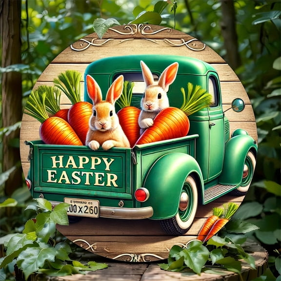 HELLOYOUNG Easter Bunny Metal Sign 8 Inch Spring Round Wall Decor Wreath for Home Cafe Restaurant Indoor Outdoor Rustic Decor