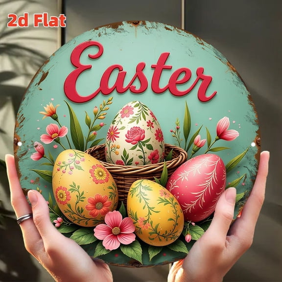 HELLOYOUNG Easter Egg Decor 2D Flat Metal Wall Art 7.8x7.8 Inch Round Aluminum Hanging Plaque Waterproof Indoor Outdoor Home Decor Sign