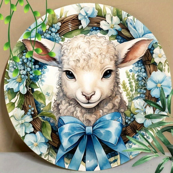 HELLOYOUNG Easter Lamb Metal Tin Sign 8x8 Inch Round Aluminum Decorative Wall Art for Cafe Restaurant Zoo Decor