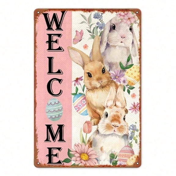 HELLOYOUNG Easter Rabbit Wall Art Sign, Vintage Floral Metal Wall Decor with Eggs, 12x8 Inch Spring Home Decor for Kitchen Living Room, Easter Gift