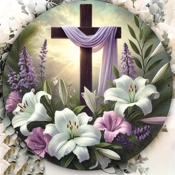 HELLOYOUNG Easter Wall Decor 8x8 Inch Rustic Metal Round Sign Vintage Cross Floral Wreath Plaque Farmhouse Home Spring Indoor Outdoor