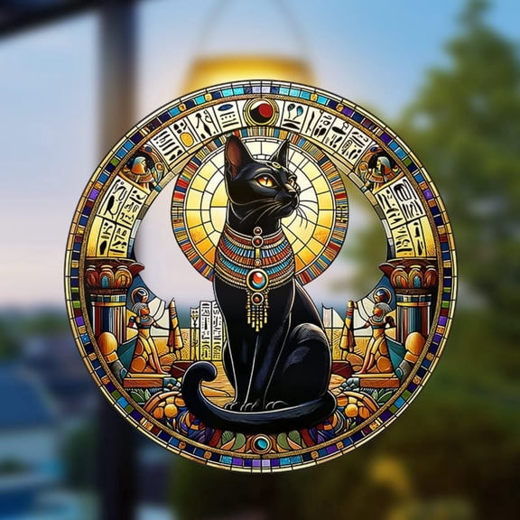 HELLOYOUNG Egyptian Cat Sun Catcher Static Cling Window Decals, Bastet Black Cat Stickers for Home Car RV Glass Acrylic Sunlight Catch Colorful Pendant  Religious Decor Gifts