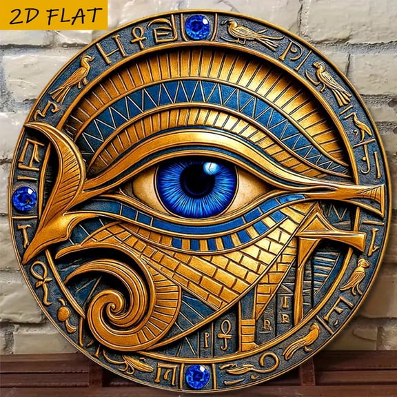 HELLOYOUNG Egyptian Horus Eye Wall Art 8 Inch Round Metal Wall Decor, Blue and Gold Home Bar Restaurant Decor, Unique Gift for Christmas Housewarming
