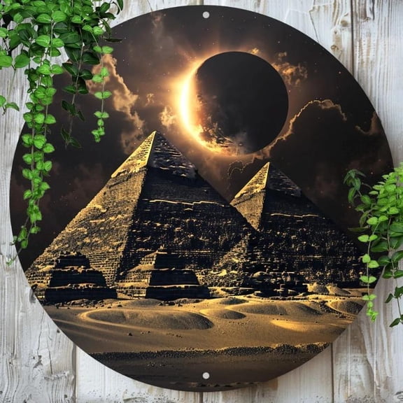 HELLOYOUNG Egyptian Pyramids Eclipse Aluminum Wall Sign - 8" Round Decorative Plaque, Classic Style, No Electricity Needed