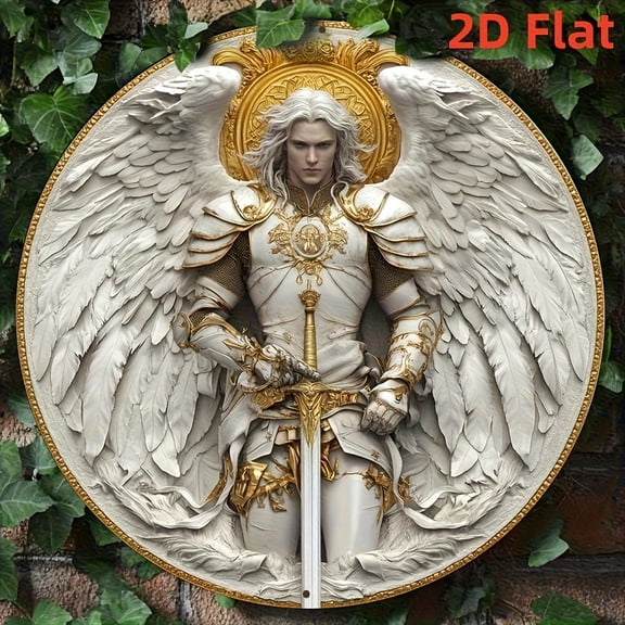 HELLOYOUNG Elegant St Michael Metal Wall Art, 8 Inch Round Aluminum Sign with Grapes Armor Decor, 3D Visual Effect Home Office Hanging Ornament