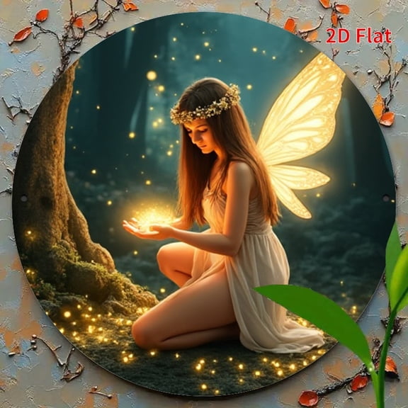 HELLOYOUNG Enchanted Forest Elf Round Metal Sign - Vibrant Nature-Inspired Art with Glowing Fairy & Twirling Stars, Perfect for Room Decor