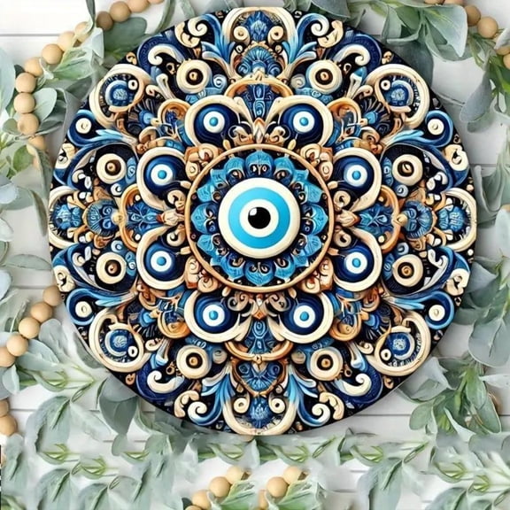 HELLOYOUNG Evil Eye Wall Decor, Greek Evil Eye Metal Wall Art with Blue and Gold Pattern, Protection Design Aluminum Sign, Pre-Drilled Holes for Easy Hanging, Indoor Outdoor Home Office Decoration