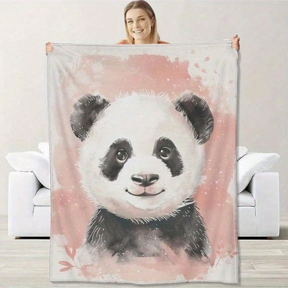 HELLOYOUNG Extra Large Flannel Panda Blanket Soft Pink White Pastel Bedspread Cute Panda Face Heart Motifs Plush Cozy Polyester Bedspread Machine Washable All-Season Couch Throw