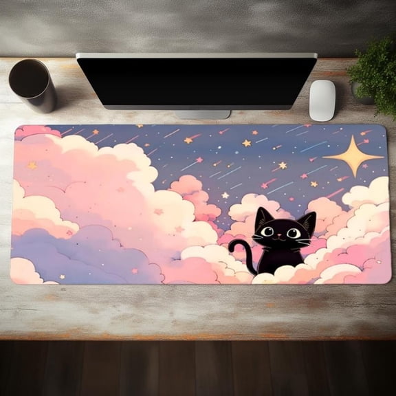 HELLOYOUNG Extra-Large Pink Purple Cloud Cat Mouse Pad Starry Night Gaming Desk Mat Non-Slip Rubber Base & Stitched Edges for Office Gaming