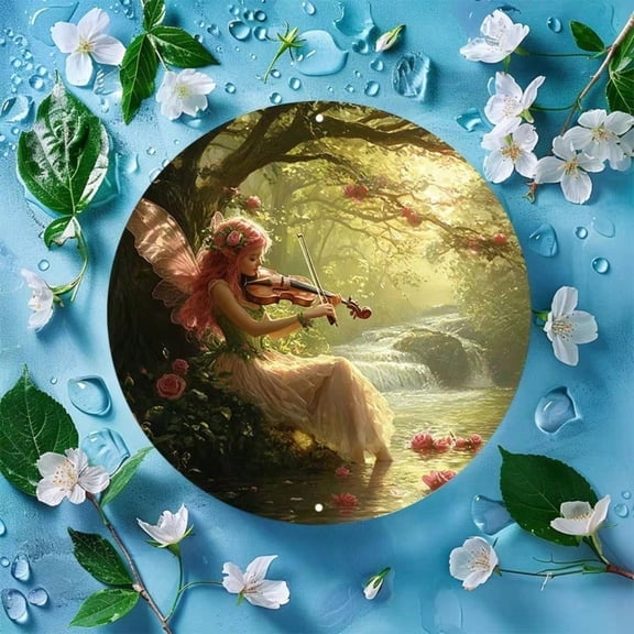 HELLOYOUNG Fairy Violinist Metal Wall Art 8x8 Inch UV Scratch Resistant 2D Flat Print Iron Sign, Vintage Home Cafe Room Decor Gift for Music Lovers