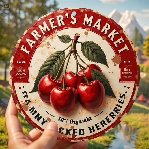 HELLOYOUNG Vintage Farmhouse Cherry Wall Plaque Rustic Distressed Aluminum 2D Art 8x8 Inch Decor for Kitchen Garden Bedroom