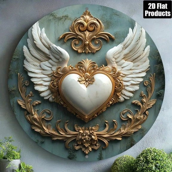 HELLOYOUNG Feather Pattern Heart 2D Flat Aluminum Round Wall Art Exotic 8 Inch Hanging Decor For Bar Kitchen Cafe Home Office Gift Aluminum Painted Decorative Board Sign