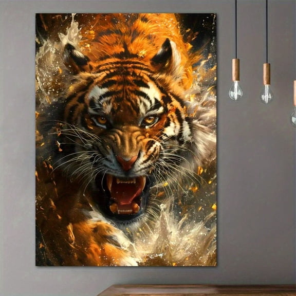 HELLOYOUNG Fierce Tiger Canvas Wall Art Vibrant Orange Black Striped Tiger Fiery Background Wildlife Painting for Bedroom Cafe Decor, Large