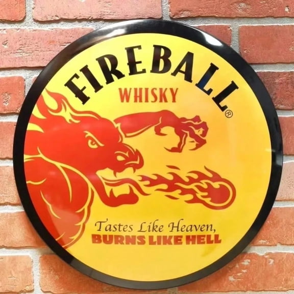 HELLOYOUNG Fireball Whisky Dome Button Sign Licensed Metal Tin Sign Garage Bar Wall Decor Retro Whiskey Pub Man Cave Art 12 Inch