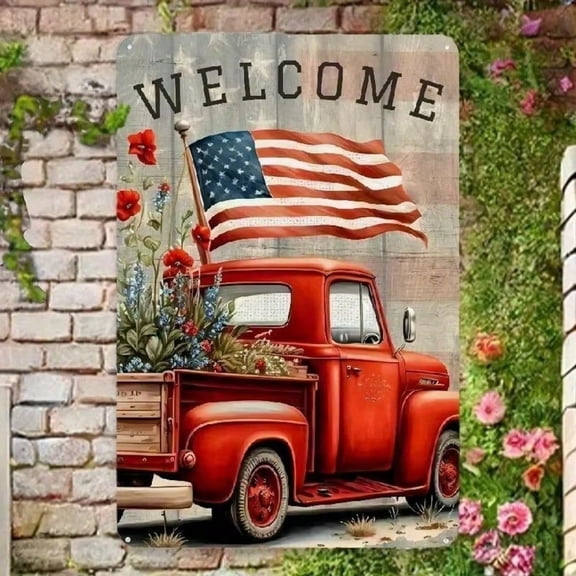 HELLOYOUNG Flag Vintage Metal Sign American Patriotic Wall Decor, Red Truck Wildflowers Plaque for Porch Home Welcome Porch Decor Outdoor Indoor Rustic Wall Art