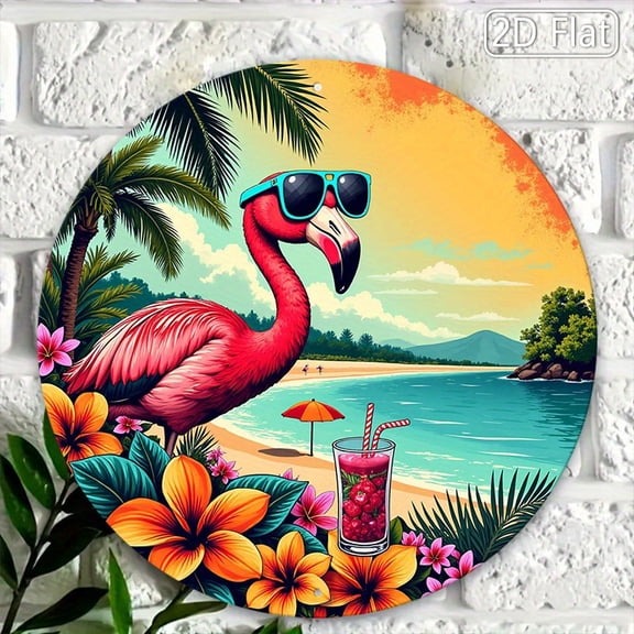 HELLOYOUNG Flamingo Beach Metal Wall Decor 2D Round Aluminum Sign Tropical Pool Art Outdoor Rustic Tin Sign for Home Garden