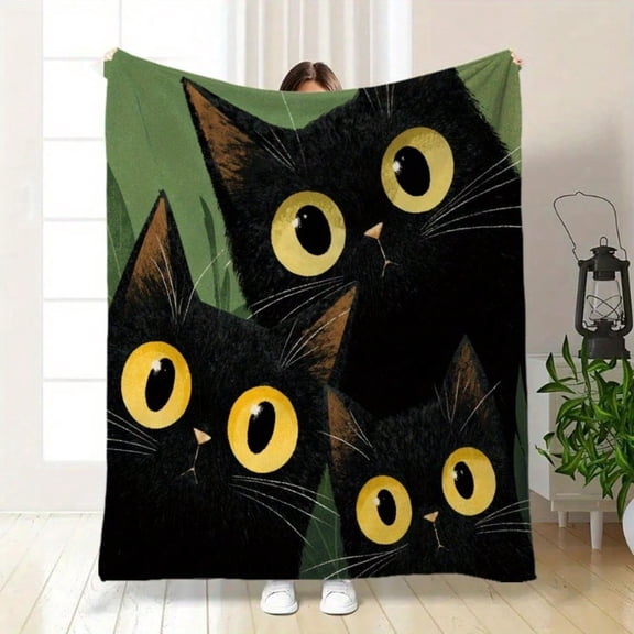 HELLOYOUNG Flannel Blanket Lightweight Quilted Black Cat Throw, Cozy Bed Cover for Sofa Living Room, Machine Washable Durable Gift for Cat Lovers, Soft Warm All-Season Decor