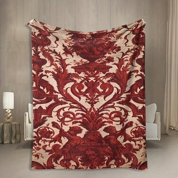 HELLOYOUNG Flannel Blanket Luxury Baroque Pattern, Deep Golden Maroon Damask All-Season Soft Warm Machine Washable Bed Cover Decorative Throw Blanket