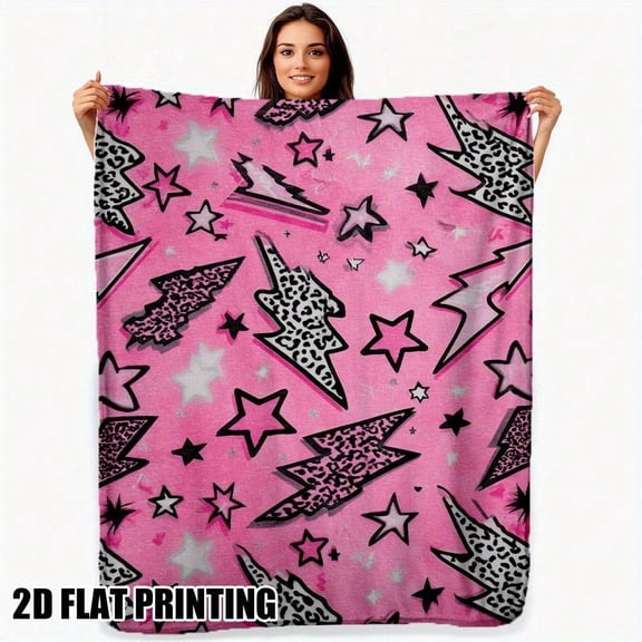 HELLOYOUNG Flannel Blanket Retro Pink Stars Lightning Bolt Throw - Soft Lightweight All-Season Cozy Bed Blanket for Bedroom Sofa Travel - Pink Black Starry Night Sky Bedspread & Room Decor