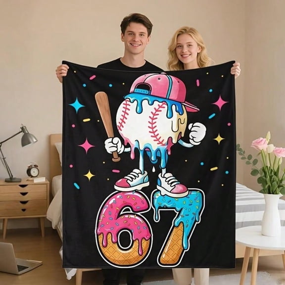 HELLOYOUNG Flannel Blanket Soft Lightweight Baseball Ice Cream Drip Cartoon Sports Jersey Number 67 All Season for Bed Sofa Travel Camping Home Single-Sided Polyester Throw