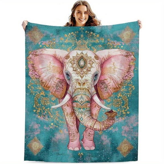 HELLOYOUNG Flannel Blanket Soft Lightweight, Elephant Paisley Print Throw for Bedroom Living Room, All Season Cozy Decorative Polyester Blanket with Vibrant Colors, Hand Washable, 280g Fabric Weight