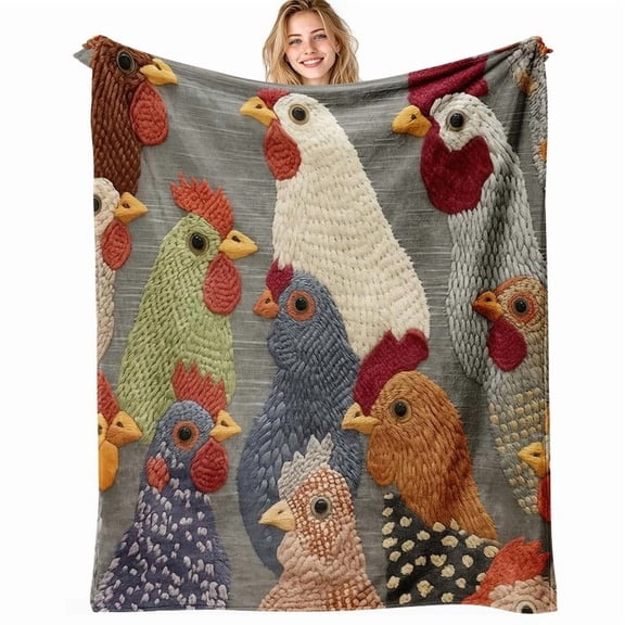 HELLOYOUNG Flannel Blanket Soft Plush Throw, Chicken Head Pattern Farmhouse Design, Cozy Flannel Blankets for Home Decor All Seasons Use