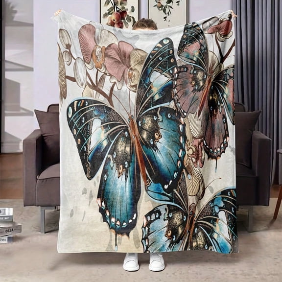 HELLOYOUNG Flannel Butterfly Pattern Throw Blanket, Soft Lightweight Warm All-Seasons Comfort, High Definition Digital Print Machine Washable Polyester