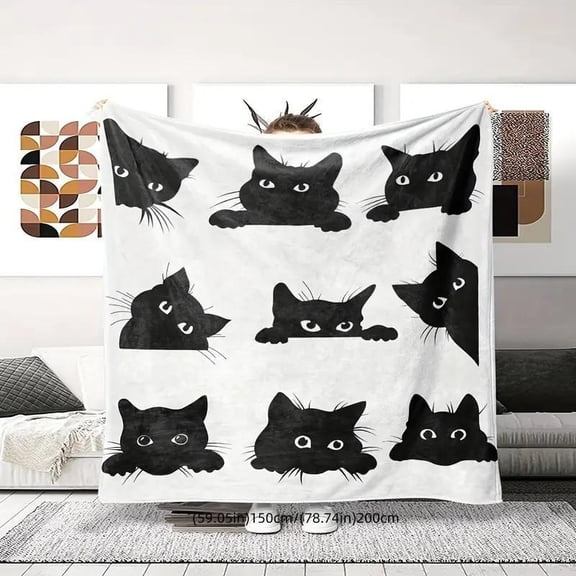 HELLOYOUNG Flannel Cat Pattern Throw Blanket 1 Count, Super Soft Warm Cozy Lightweight Blanket for Couch, Air Conditioned Room, Home Office Travel