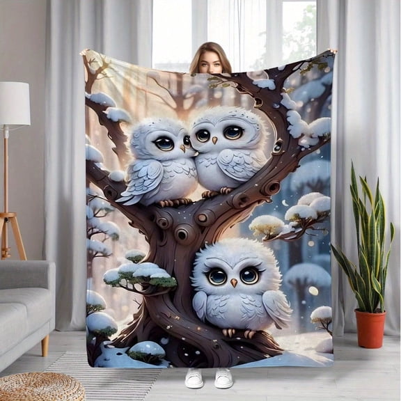 HELLOYOUNG Flannel Fleece Throw Blanket Cute Owl Tree Branch Print Soft Warm Polyester Knit All-Season Use for Couch Sofa Bed Travel Camping Lightweight Cozy Gift