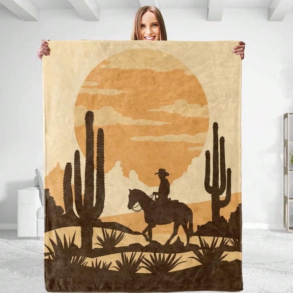 HELLOYOUNG Flannel Throw Blanket All-Season Bedspread - Soft Western Cowboy Ranch Blanket with Cactus Horseback Rider Print for Bed Couch Sofa Camping Southwest Home Decor Country Farmhouse