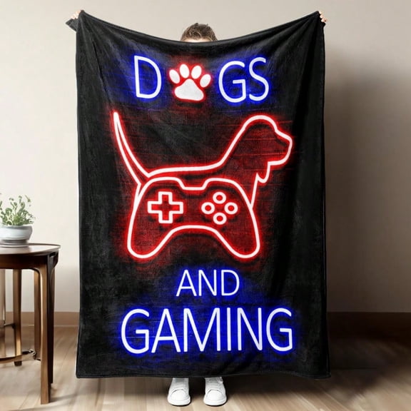HELLOYOUNG Flannel Throw Blanket Cozy Neon Puppy Game Controller Design Soft Warm All Seasons Allergy-Friendly Polyester Perfect for Couch Bed Office Halloween Christmas Gifts Machine Washable