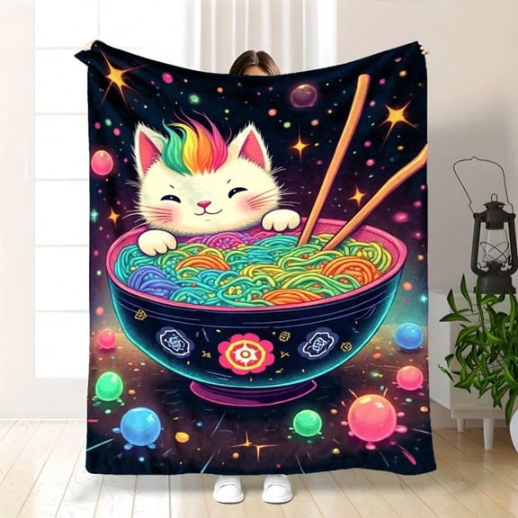 HELLOYOUNG Flannel Throw Blanket Japanese Lucky Cat Ramen Bowl Print | Reversible All-Season Lightweight & Non-Shedding, Soft Anime Cozy Blanket for Bed Couch, Cute Maneki-Neko Gift
