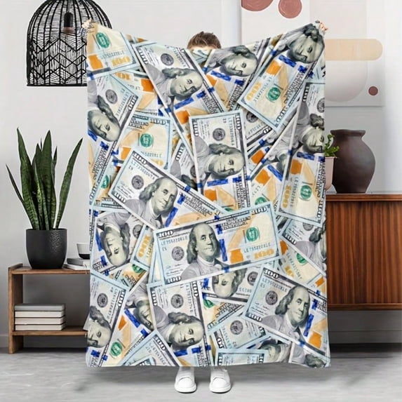 HELLOYOUNG Flannel Throw Blanket Luxury Dollar Bill Design Soft Hypoallergenic All-Season Polyester Bedspread Tear-Resistant Money Print Sofa Camping Travel Green Golden Cozy Blanket Home Decor Outdo