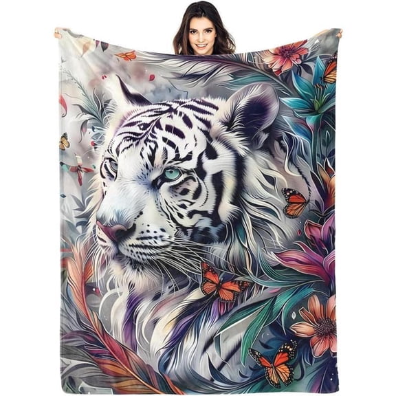 HELLOYOUNG Flannel Throw Blanket Soft Cozy Fluffy White Tiger Convenient Blanket Jungle Animal Print for Sofa Couch Bedroom Gifts for Men Women Birthday Christmas Easter