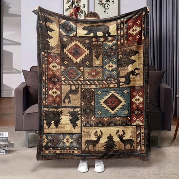 HELLOYOUNG Flannel Throw Blanket Soft Cozy Geometric Animal Design All-Season Lightweight Warm Rustic Farmhouse Decor Comfortable Gift