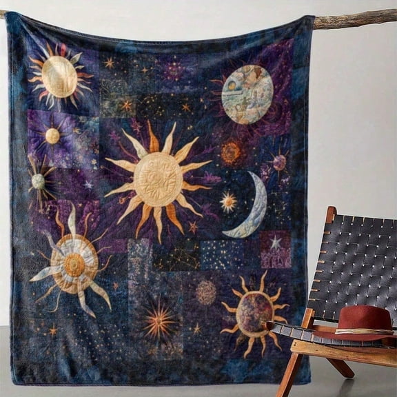 HELLOYOUNG Flannel Throw Blanket Soft Cozy Warm Celestial Sun Moon Stars Patchwork Design for Sofa Bed Travel Camping