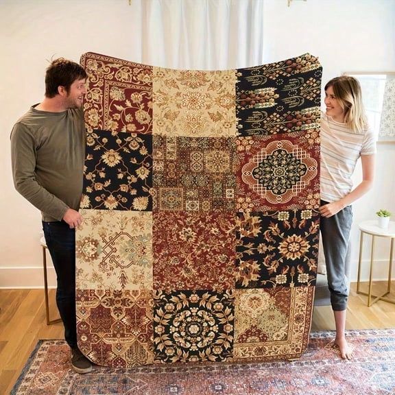 HELLOYOUNG Flannel Throw Blanket Soft Warm All-Season Lightweight Quilted Plaid Patchwork Vintage Floral Home Decor Camping Travel Machine Washable Cozy Gift