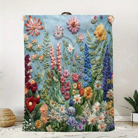 HELLOYOUNG Flannel Throw Blanket Soft Warm Embroidered Floral Lightweight Cozy Comfortable for Couch Bed Travel Camping Nursing Home Decor Gift