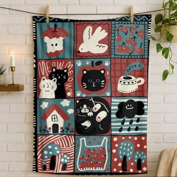 HELLOYOUNG Flannel Throw Blanket Thickened Warm Soft Cat Print Cozy Couch Bed Sofa Travel Lightweight Microfiber Blanket