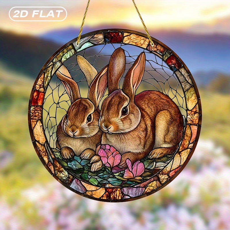 HELLOYOUNG Flat Acrylic Suncatcher Two Rabbits with Stained Glass ...