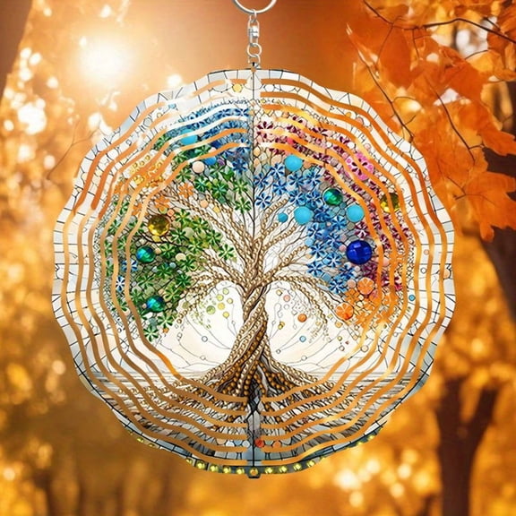 HELLOYOUNG Flat Bohemian Tree of Life Wind Chime Suncatcher, 10 Inch Metal Garden Art with Beads for Indoor Outdoor Wall Decor, Christmas Halloween Easter Thanksgiving Gift